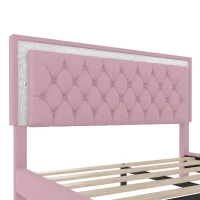 Queen Size Upholstered Bed Frame with LED Lights, Modern Velvet Platform Bed with Tufted Headboard, 84" L x 64" W x 44.5" H, Pink(m-8)