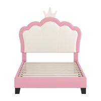 Twin Size Upholstered Princess Bed with Crown Headboard, Solid Poplar Wood Frame, Bed Frame for Children, 80" L x 41.5" W x 44" H, Pink(m-2)