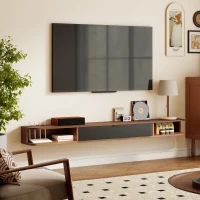 HOMCOM 71" Floating TV Stand for TVs up to 75 Inch, Wall Mounted Media Console with Flip Drawer and 2 Open Shelves, Walnut(m-10)