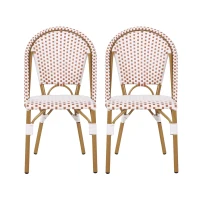 Set of 2 French Bistro Chairs with PE Rattan and Aluminium Frame, Outdoor Chairs with Bamboo Print Finish, 18.5'' L x 21.5'' W x 35'' H, White+Red(m-2)
