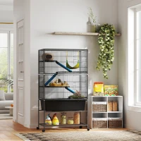 PawHut 59" 5-Level Small Animal Cage, Rolling Ferret Cage with 6.3" Deep Tray, Non-Slip Cloth Covered Ramps, Hammock, Dark Grey(m-8)