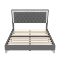 Queen Size Upholstered Bed Frame with LED Lights, Modern Velvet Platform Bed with Tufted Headboard, 84" L x 64" W x 44.5" H, Gray(m-2)