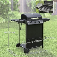 Outsunny 3+1 Burner Propane Gas BBQ Grill, Portable Gas Barbecue Grill with Side Burner, Thermometer, Lid, Side Table, Shelf, Spice Rack, Wheels, Grease Cup for Garden, Black(m-3)