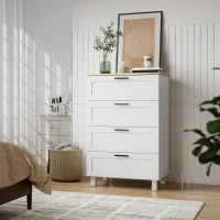 HOMCOM Dresser for Bedroom with 4 Drawers, Chest of Drawers with Solid Wood Legs for Closet, Living Room, Entryway, White(m-8)