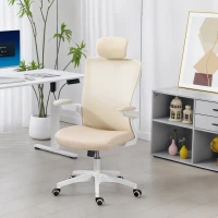 HOMCOM Ergonomic Office Chair, Swivel Desk Chair with Adjustable Lumbar Support, Headrest and Height, Flip-up Armrests, Beige(m-8)
