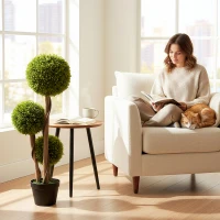 HOMCOM 3FT Potted Fake Plants Set of 2, Artificial Boxwood Topiary Trees, Triple Ball Trees for Indoor and Outdoor, Light Green(m-8)