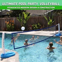 GoSports Splash Net PRO Pool Volleyball Set — Adjustable Inground Pool Net (up to 25 ft) with 2 Water Volleyballs and Pump — Red/White/Blue(m-2)