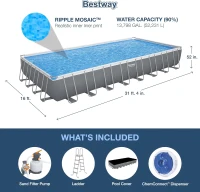 Bestway Power Steel 31 ft 4 in x 16 ft x 52 in Rectangular Metal Frame Above-Ground Pool Kit with 2,200 GPH Sand Filter, Ladder and Cover - Grey(m-3)