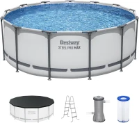 Bestway Steel Pro MAX 13-Foot x 48-Inch Round Above-Ground Pool Set, Gray — Metal Frame with Filter Pump, Ladder & Cover(m-1)