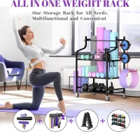 Mythinglogic Home Gym Storage Rack — Yoga Mat & Equipment Organizer with Hooks, Side Basket, 3 Mesh Shelves and Locking Wheels(m-2)