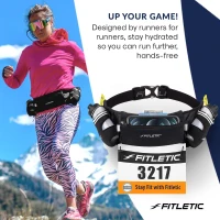 Fitletic Hydra 16 Hydration Running Belt for Men & Women with 2 x 8oz Quick-Flow Bottles — Patented Bounce-Free Neoprene Pouch Fits All Phones(m-8)