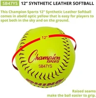Champion Sports® 12"" NFHS-Approved Optic Yellow Syntex Softballs – Dozen, Raised Seams, .47 Polycore, Medium Compression(m-5)