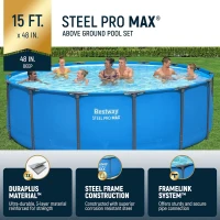Bestway Steel Pro MAX 15' x 48"" Round Metal Frame Above-Ground Backyard Pool for Families (Pool Only)(m-2)