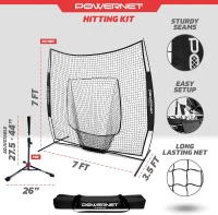 PowerNet 7' x 7' Baseball & Softball Practice Net — Black with Deluxe Adjustable Tee, Carry Bag and Fast Setup(m-3)