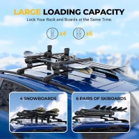 BougeRV Lockable Ski & Snowboard Rack with 28"" Sliding Extension — Crab Mounting System, Fits 6 Pairs of Skis or 4 Snowboards for Square/Aero/Oval Bars(m-8)