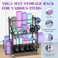 Mythinglogic Home Gym Storage Rack — Yoga Mat & Equipment Organizer with Hooks, Side Basket, 3 Mesh Shelves and Locking Wheels(m-3)