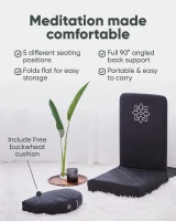Mindful Modern Folding Pro Meditation Seat - Adjustable Floor Chair with Back Support and Half-Moon Buckwheat Cushion(m-5)
