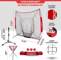 PowerNet 7' x 7' Baseball & Softball Training Kit — Red Ultimate Set with Adjustable Tee, 3 Weighted Balls, Strike Zone & Ball Caddy(m-3)