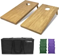 GoSports Regulation Wooden Cornhole Boards 4' x 2' — Light Brown Stain Finish with Carrying Case and Bean Bags (Dark Green & Purple)(m-1)