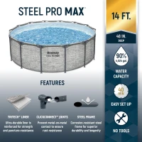 Bestway Steel Pro MAX 14-Foot x 48-Inch Round Above-Ground Pool Set with Metal Frame, Model 58388E Filter Pump, Ladder and Cover, Gray(m-2)