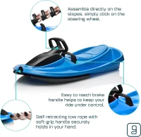 Steerable Stratos Plastic Snow Sled for Kids & Adults - Toboggan with Steering Wheel, Brake, Retractable Tow Rope, Lightweight, 260 lb Capacity (Age 3+)(m-2)