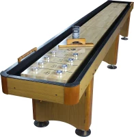 Playcraft Woodbridge Premium Shuffleboard Table with Cabinet Storage — Game Package with Abacus, 8 Pucks, Brush & USA Wax — Pro Climate Adjustment System(m-1)