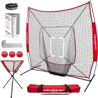 PowerNet 7x7 Deluxe Training Kit (Red) — Pitching Net with Ball Caddy, 3 Weighted Balls & Strike Zone(m-1)