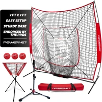 PowerNet 7' x 7' Baseball & Softball Training Kit — Red Ultimate Set with Adjustable Tee, 3 Weighted Balls, Strike Zone & Ball Caddy(m-1)