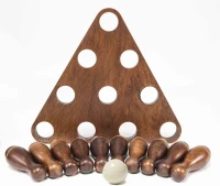 Shuffleboard Bowling Pin Set with 10 Hardwood Pins, Resin Ball, Sturdy Triangular Rack and Mesh Carrying Bag — Fun Accessory for Shuffleboard Tables(m-3)