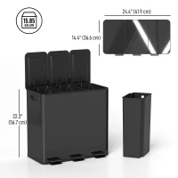 HOMCOM Triple Garbage Bin, Soft-Close Trash Can with Foot Pedal, 3 x 20 Liter Garbage Can with Removable Inner Buckets, Black(m-3)