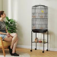 PawHut 60" Metal Indoor Bird Cage Starter Kit with Detachable Rolling Stand, Storage Basket, and Accessories, Black(m-2)