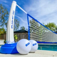 GoSports Splash Net PRO Pool Volleyball Set — Adjustable Inground Pool Net (up to 25 ft) with 2 Water Volleyballs and Pump — Red/White/Blue(m-6)