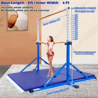 Marfula Foldable Gymnastic Kip Bar with Mat for Kids and Teens (Ages 3–20), 5 ft Rail, 4 ft Base, Adjustable 36–60 in Height – Training Equipment for Home and Club(m-5)