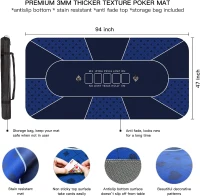 YUZPKRSI 94 x 47 Inch Poker Mat with Reinforced Sewn Edges - 10 Player Texas Hold'em Rubber Table Top, Foldable Portable Topper with Carry Bag for Poker & Blackjack(m-6)
