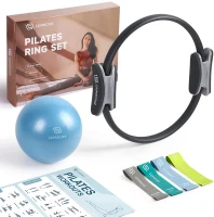 LIONSCOOL 14"" Pilates Ring Set – Anti-Deformation Magic Circle with Padded Handles, Mini Ball, Resistance Bands, Guide & Bag(m-1)