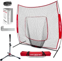 PowerNet 7' x 7' Baseball & Softball Practice Net — Red with Deluxe Adjustable Tee, Carry Bag and Fast Setup(m-1)