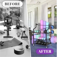 Mythinglogic Home Gym Storage Rack — Yoga Mat & Equipment Organizer with Hooks, Side Basket, 3 Mesh Shelves and Locking Wheels(m-6)