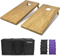 GoSports 4 ft x 2 ft Regulation Wooden Cornhole Set — Light Brown Finish — Includes Carrying Case and Black & Purple Bean Bags(m-1)