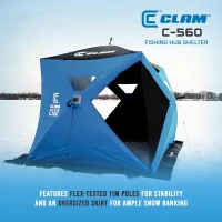 CLAM 14476 C-560 7.5 ft Lightweight Pop-Up Hub Shelter - Portable 3-4 Person Ice Fishing Tent with Anchors and Carrying Bag(m-2)