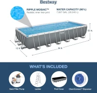 Bestway Power Steel Rectangular 24 ft x 12 ft x 52 in Metal Frame Above-Ground Pool Kit with 1,500 GPH Sand Filter Pump, Ladder and Cover(m-3)