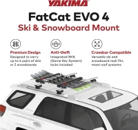 YAKIMA FatCat EVO 4 Roof Rack - Holds 4 Pairs of Skis or 2 Snowboards, Universal Mount with Expandable DoubleJoint Hinge and Integrated SKS Locks(m-3)