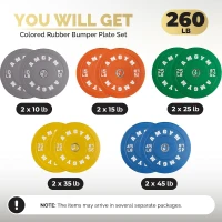 2-Inch Olympic Bumper Plates Set (10–500 lbs Options) — Natural Rubber Barbell Weights for Home Gym, Strength Training & Weightlifting, Color-Coded(m-2)