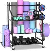Mythinglogic Home Gym Storage Rack — Yoga Mat & Equipment Organizer with Hooks, Side Basket, 3 Mesh Shelves and Locking Wheels(m-5)