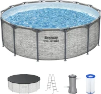 Bestway Steel Pro MAX 14-Foot x 48-Inch Round Above-Ground Pool Set with Metal Frame, Model 58388E Filter Pump, Ladder and Cover, Gray(m-1)
