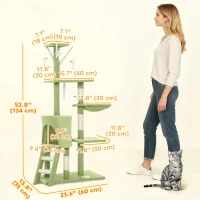 PawHut 53" Cat Tree Tower, Kitten Activity Centre with Scratching Posts, Condo, Perches, Ladder, Hammock, Dangling Toys, Green(m-3)