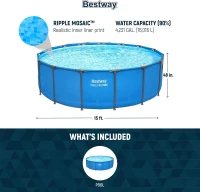 Bestway Steel Pro MAX 15' x 48"" Round Metal Frame Above-Ground Backyard Pool for Families (Pool Only)(m-3)