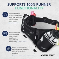 Fitletic Hydra 16 Hydration Running Belt for Men & Women with 2 x 8oz Quick-Flow Bottles — Patented Bounce-Free Neoprene Pouch Fits All Phones(m-7)