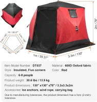 VEVOR Large Insulated Pop-Up Ice Fishing Tent – 600D Oxford, 80g Padding, Hub-Style Shelter for Multiple Anglers, Waterproof, Includes Anchors, Ropes & Carry Bag(m-8)