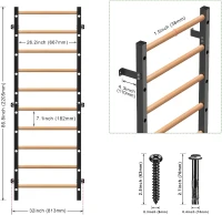 Kipika 2""x2"" Wall-Mounted Swedish Ladder with 1"" Hole — Pull-Up Bar & Suspension Trainer with Solid Wood Handles for Home, Wall Gyms, Schools(m-7)
