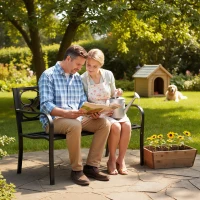 Outsunny Garden Bench Outdoor Loveseat with Vintage Floral Pattern Cast Metal, 50" x 23.6" x 35", Black(m-1)